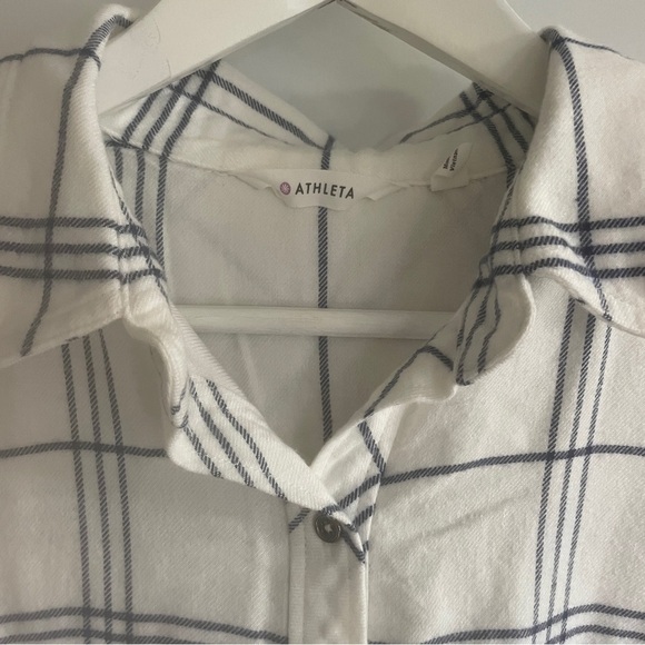 Athleta Womens Soft Button Up White Blue Plaid Shirt Size Medium - Picture 7 of 9